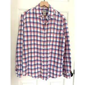 L.L. Bean Mens M 100% Linen Pink Blue Plaid Button Down Shirt Fitted Spring